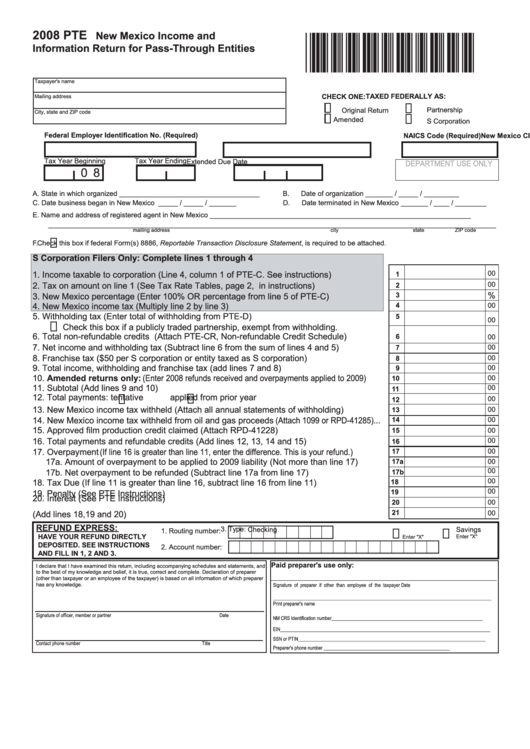 Form Pte New Mexico And Information Return For PassThrough Entities 2008 printable
