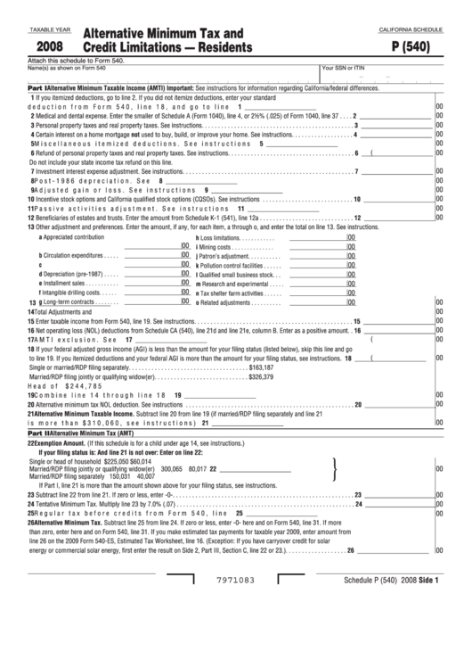 Fillable California Schedule P (540) Alternative Minimum Tax And