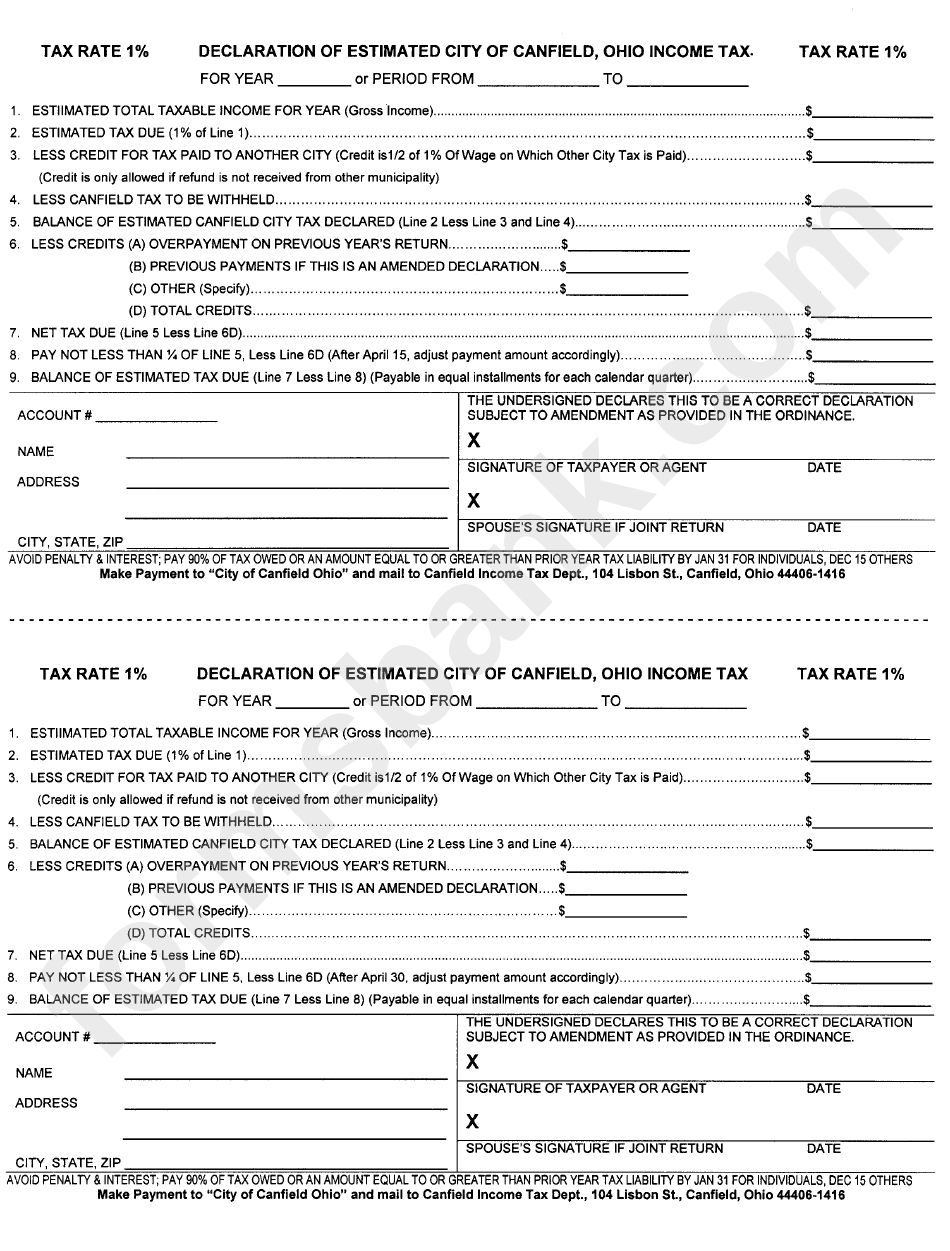 Declaration Of Estimated City Of Canfield, Ohio Tax Form printable pdf download