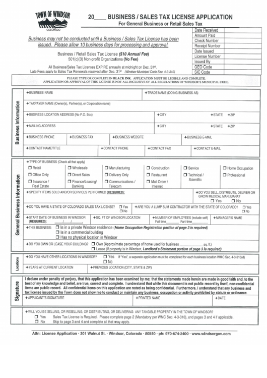 Business/sales Tax License Application Town Of Windsor printable pdf download