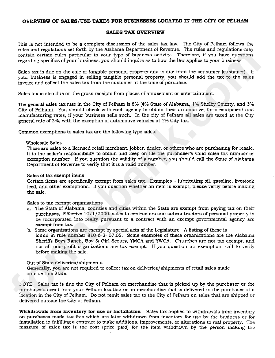 Overview Of Sales/use Taxes For Business Located In The City Of Pelham