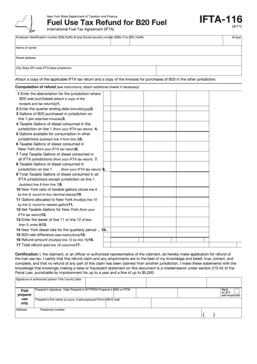 Form Ifta116 Fuel Use Tax Refund For B20 Fuel State
