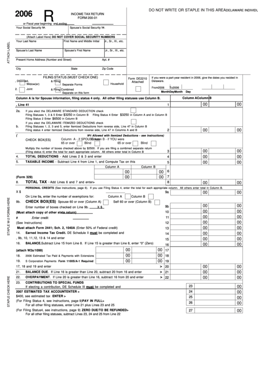 Fillable Form 20001 Delaware Individual Resident