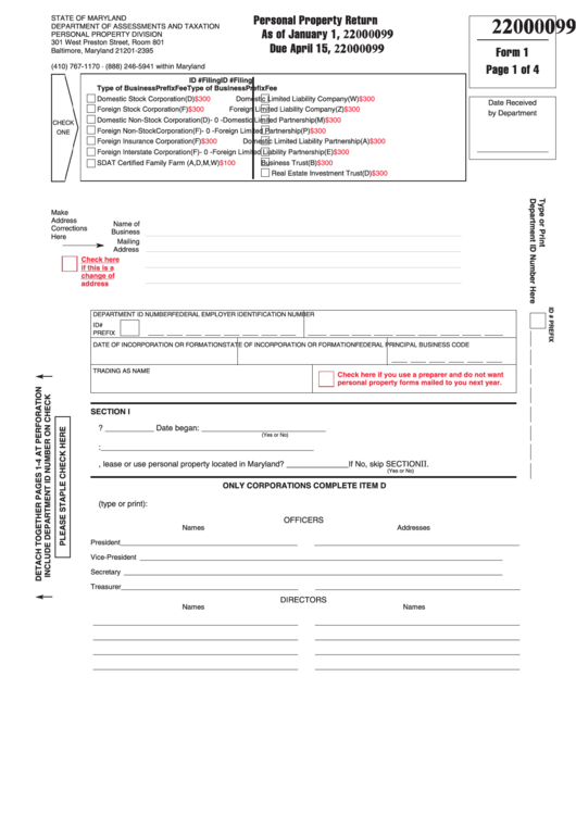 Form 1 Personal Property Return 2009 printable pdf download