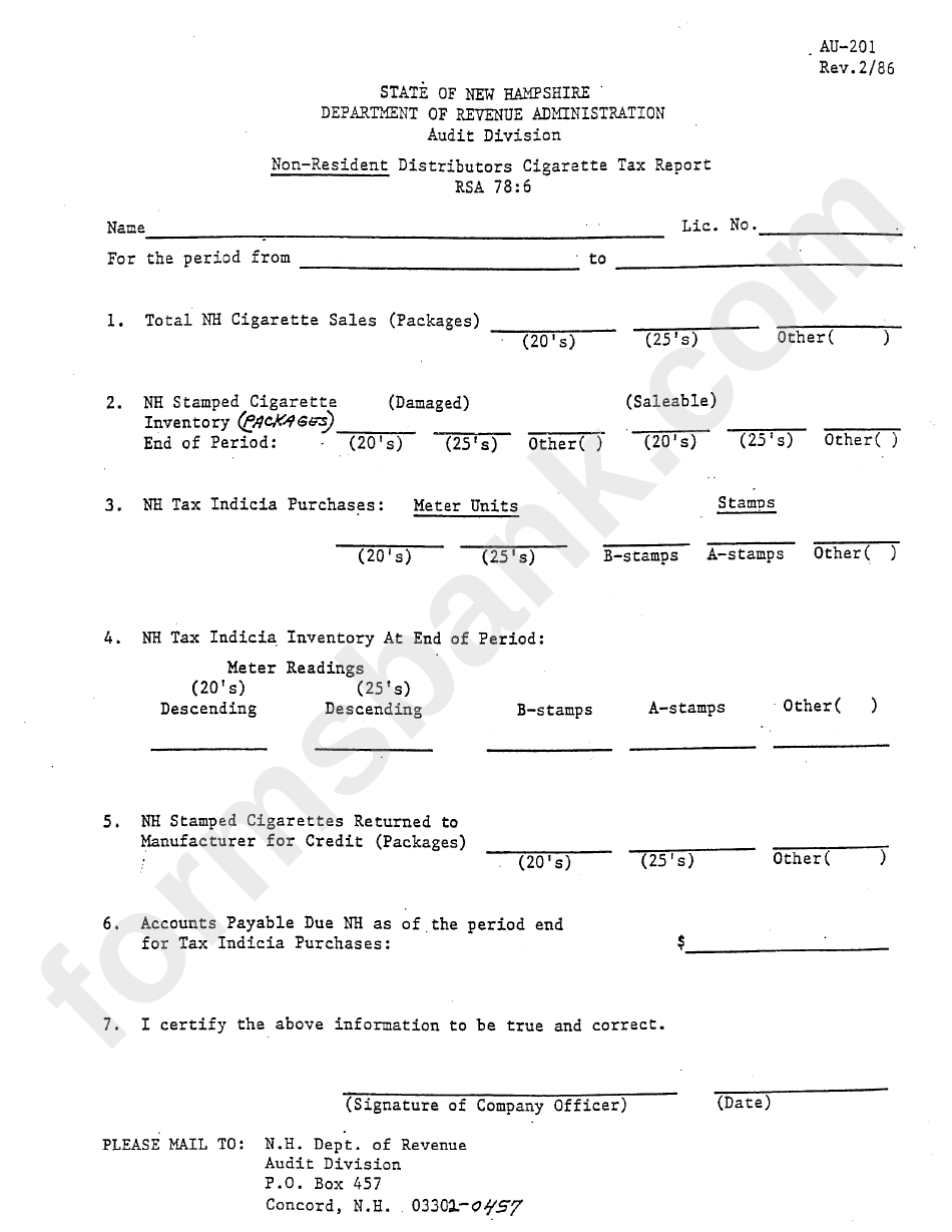 Form Au201 NonResident Distributors Cigarette Tax Report New