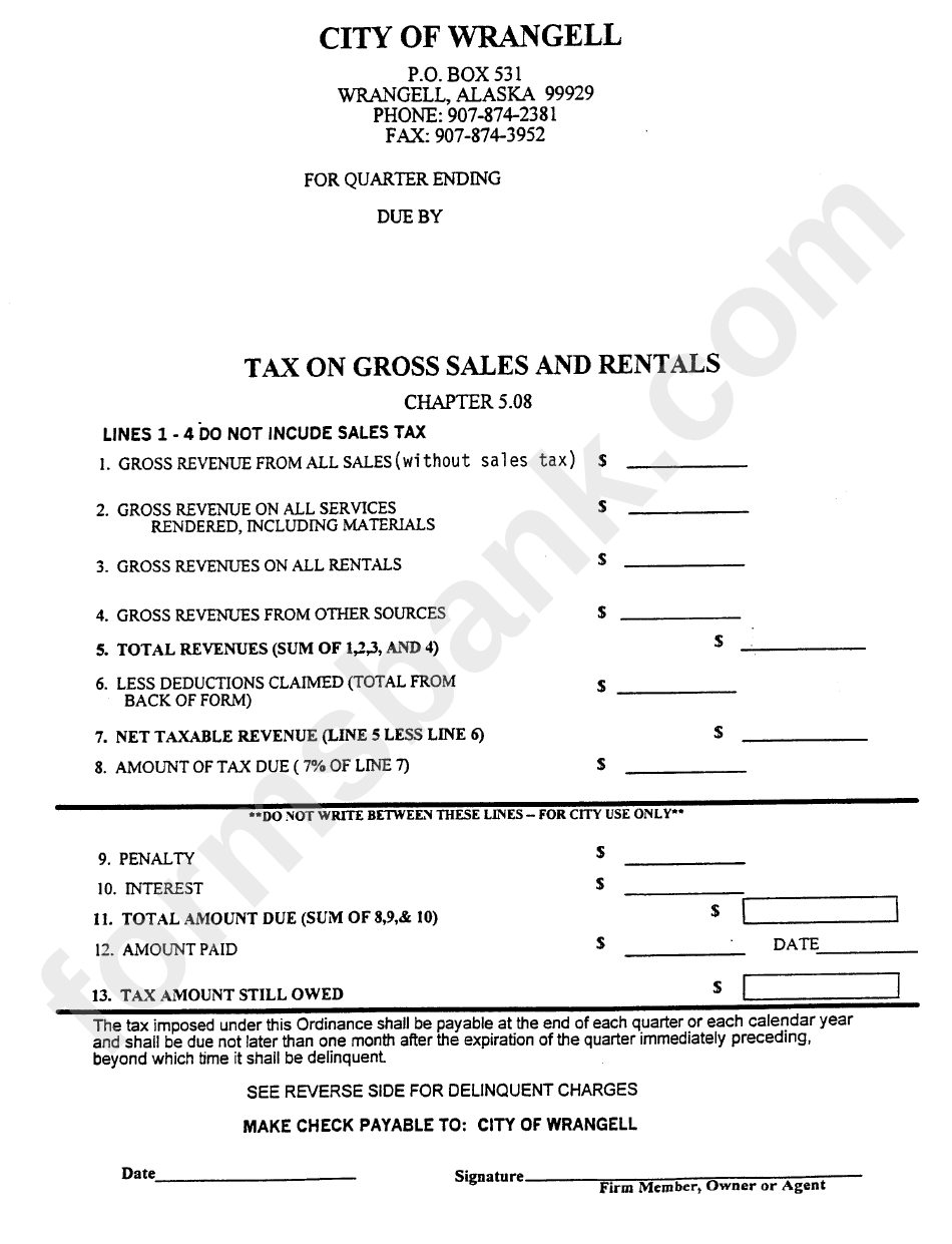 Tax On Gross Sales And Rentals Form City Of Wrangell, Alaska