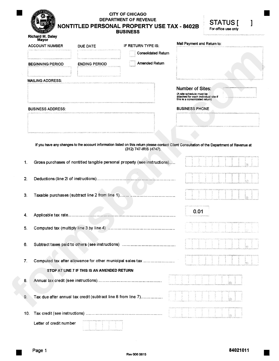 Nontitled Personal Property Use Tax Form 8402b City Of Chicago, Illinois Department Of
