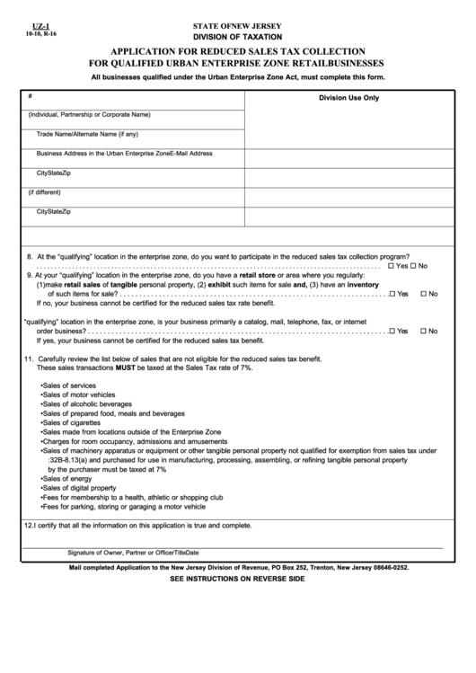 Fillable Form Uz1 Application For Reduced Sales Tax Collections