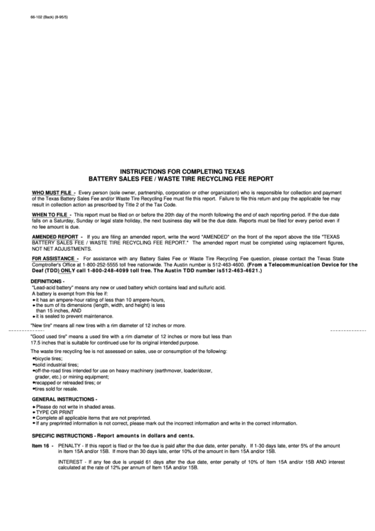 Instructions For Completing Texas Battery Sales Fee / Waste Tire