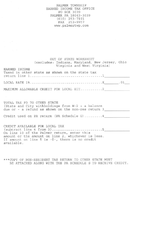 Out Of State Worksheet Palmer Township Earned Tax Office
