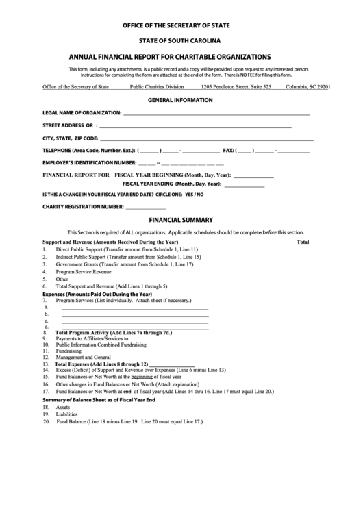 Fillable Annual Financial Report For Charitable Organizations Form