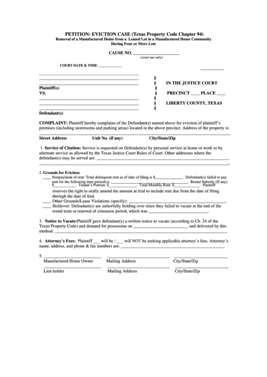 Petition Eviction Case Form printable pdf download