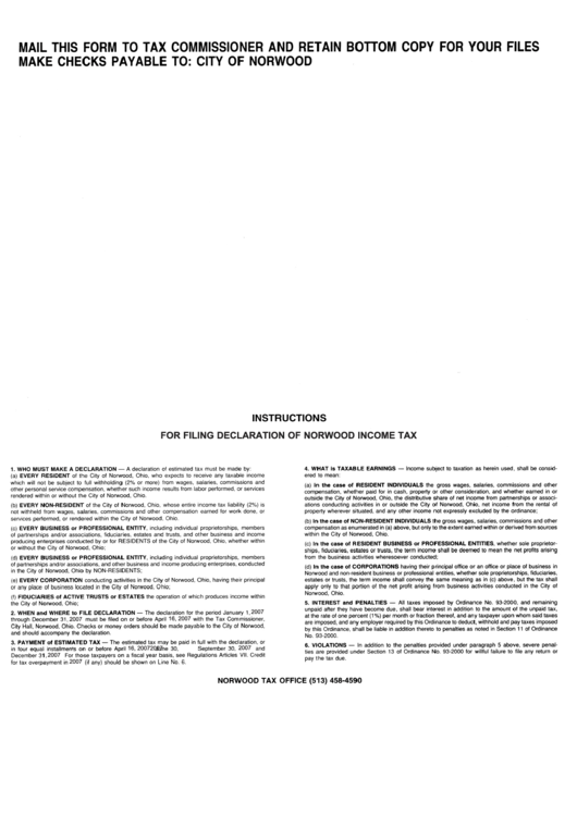 Instructions For Filing Declaration Of Norwood Tax printable pdf