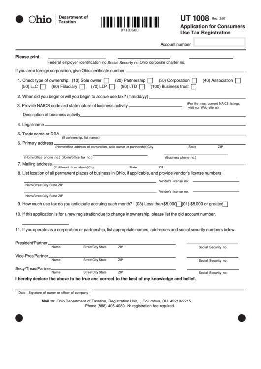 Fillable Form Ut 1008 Application For Consumers Use Tax Registration