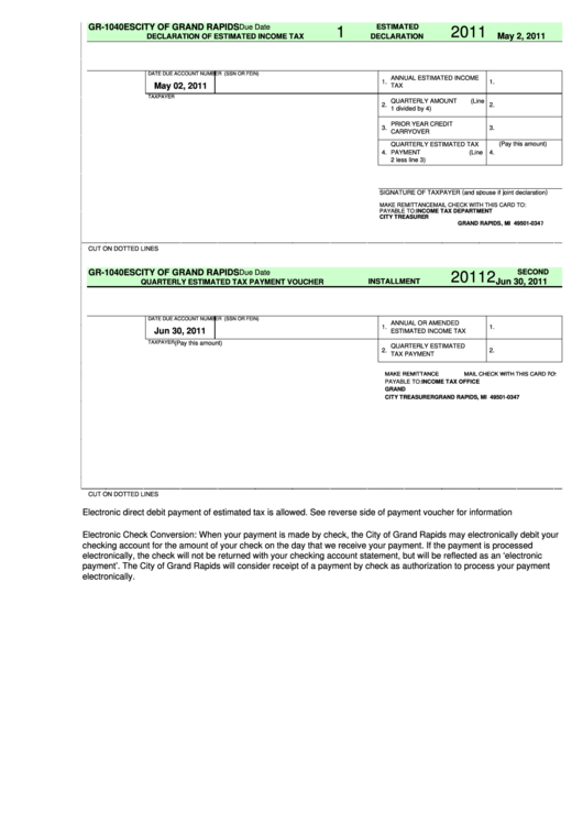 Form Gr1040es Declaration Of Estimated Tax 2011 City Of