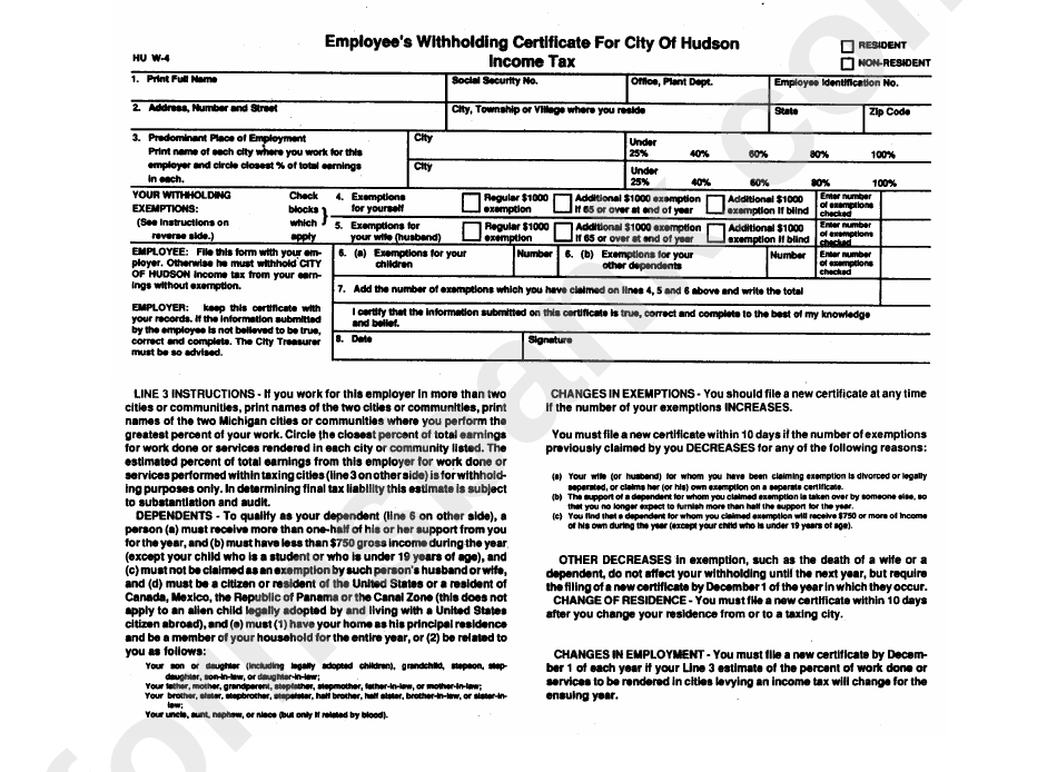 Employee'S Withholding Certificate For City Of Hudson Tax printable pdf download