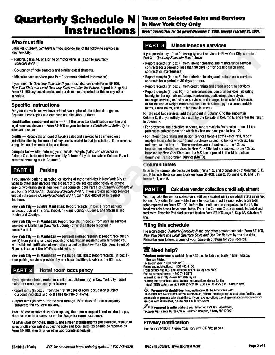 Form St100.5 Quarterly Schedule N Instructions Taxes On Selected