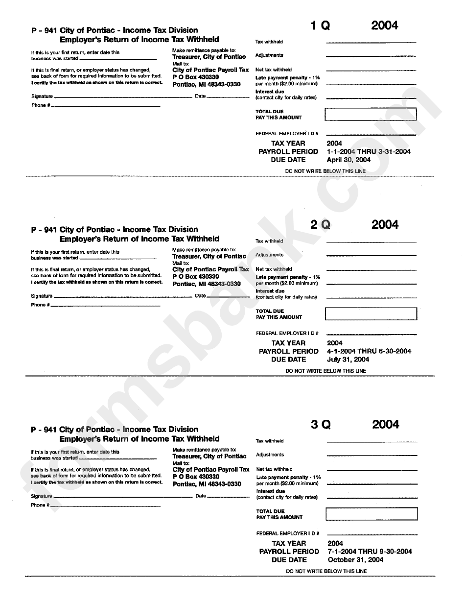 Form P941 Employer'S Return Of Tax Withheld City Of Pontiac
