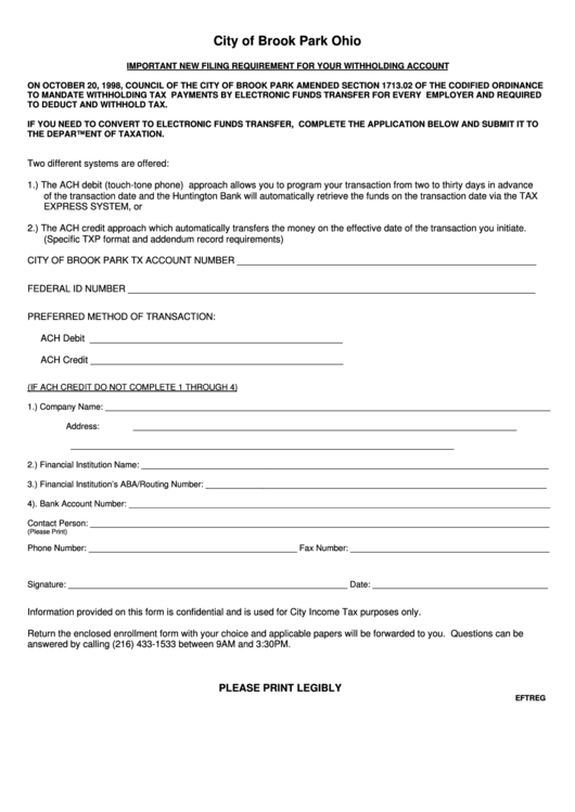 Form Rftreg Withholding Account Electronic Funds Transfer Application Form City Of Brook