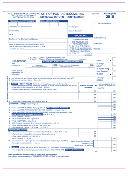 Fillable Form P1040 (Nr) City Of Pontiac Tax, Individual