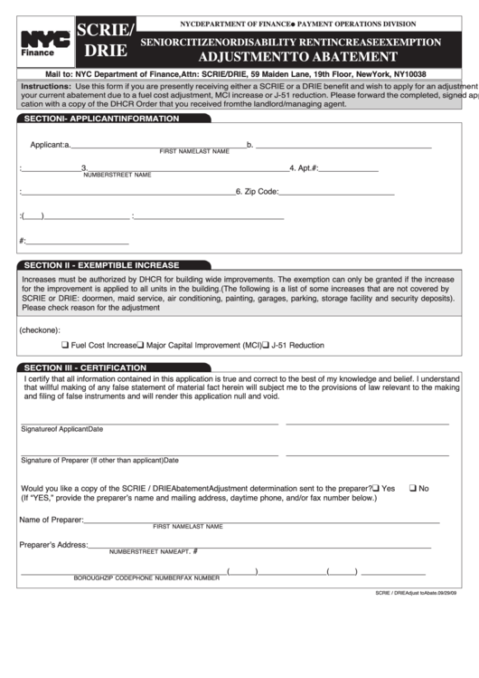Form Scrie/drie Senior Citizen Or Disability Rent Increase Exemption