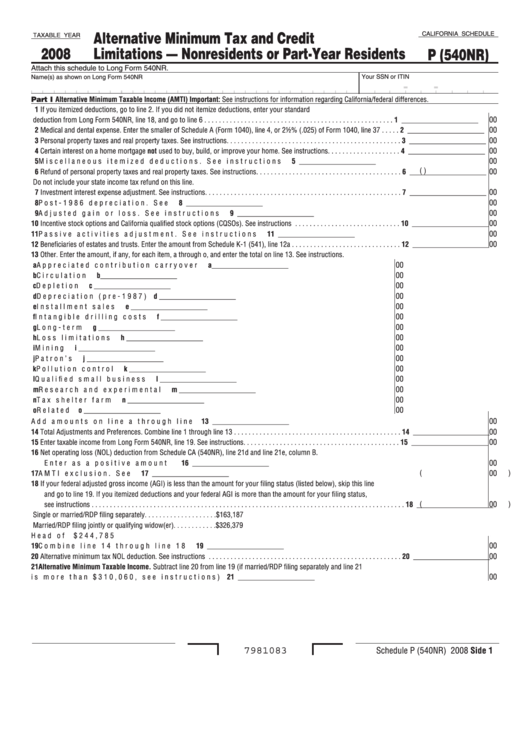 Fillable California Schedule P (540nr) Alternative Minimum Tax And