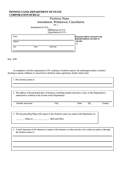 Form Dscb54312/3132 Fictitious Name Amendment, Withdrawal, Cancellation printable pdf download