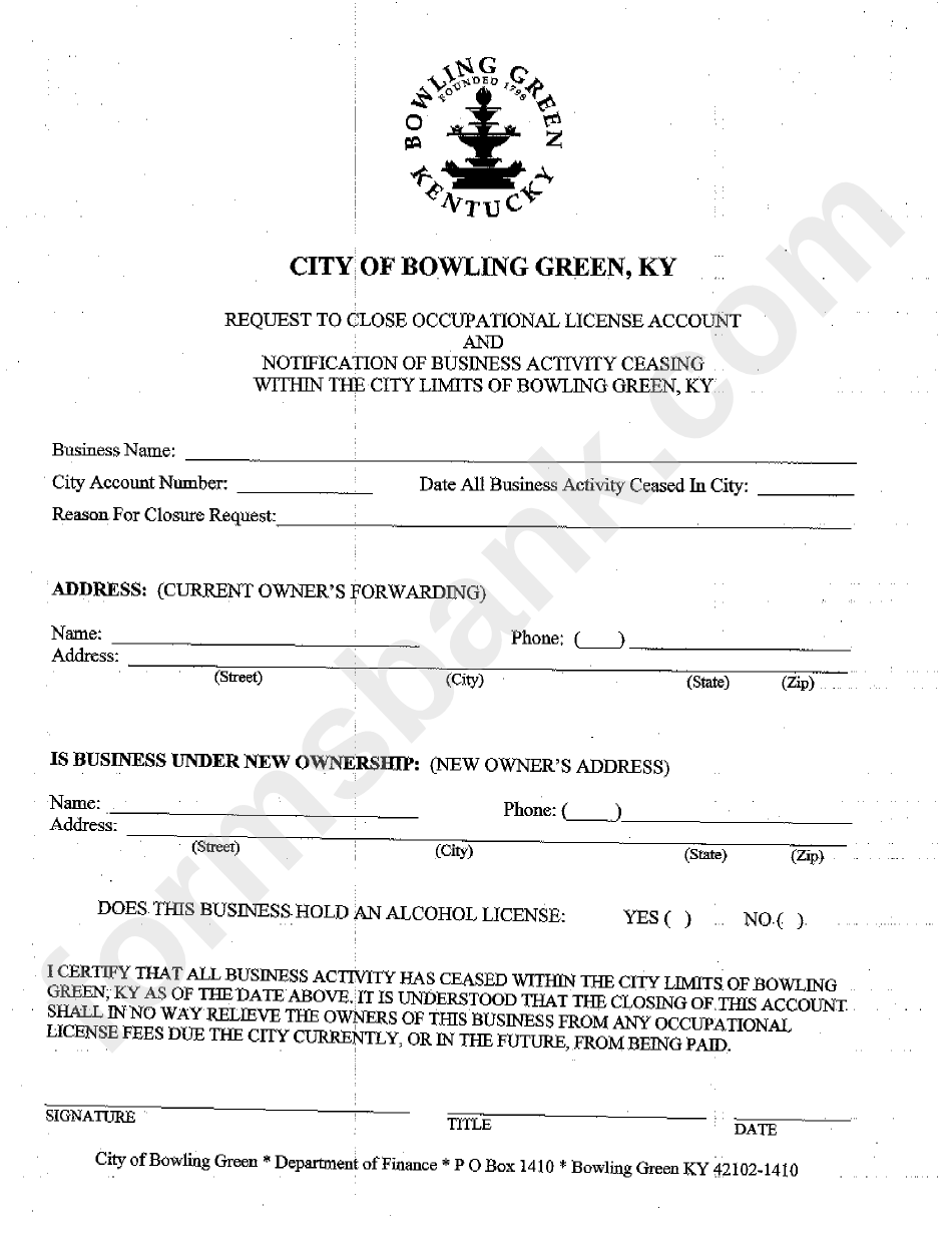 Request To Close Occupational License Account And Notification Of