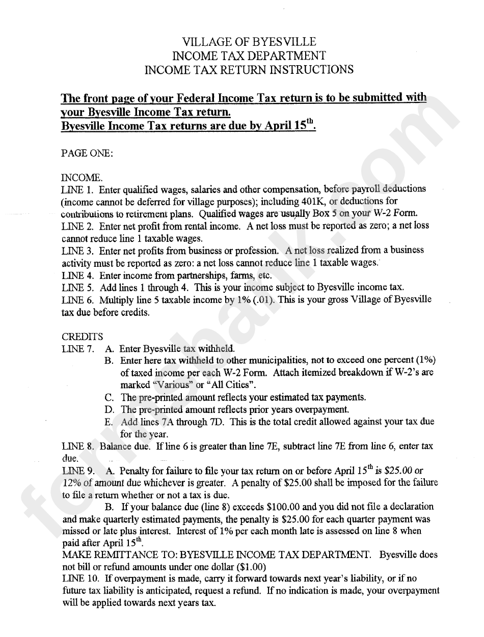 Tax Return Instructions Village Of Byesville Tax