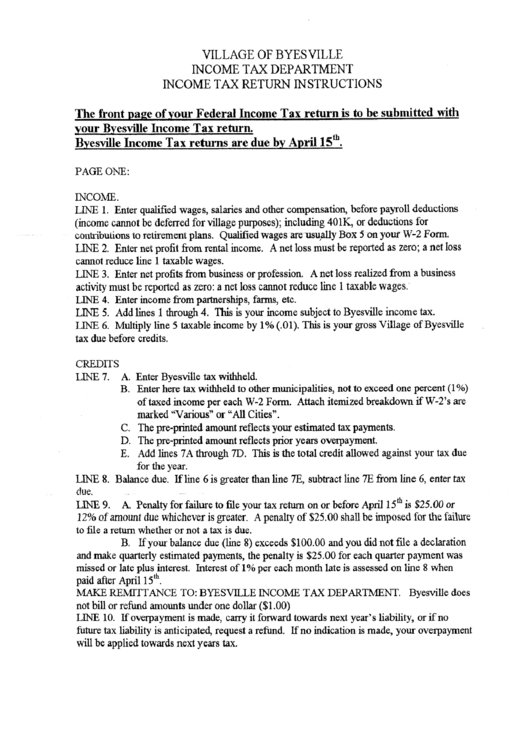 Tax Return Instructions Village Of Byesville Tax