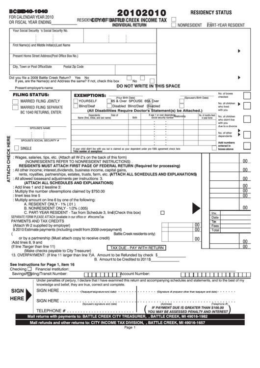 Form Bc1040 Tax Individual Return 2010 printable pdf download