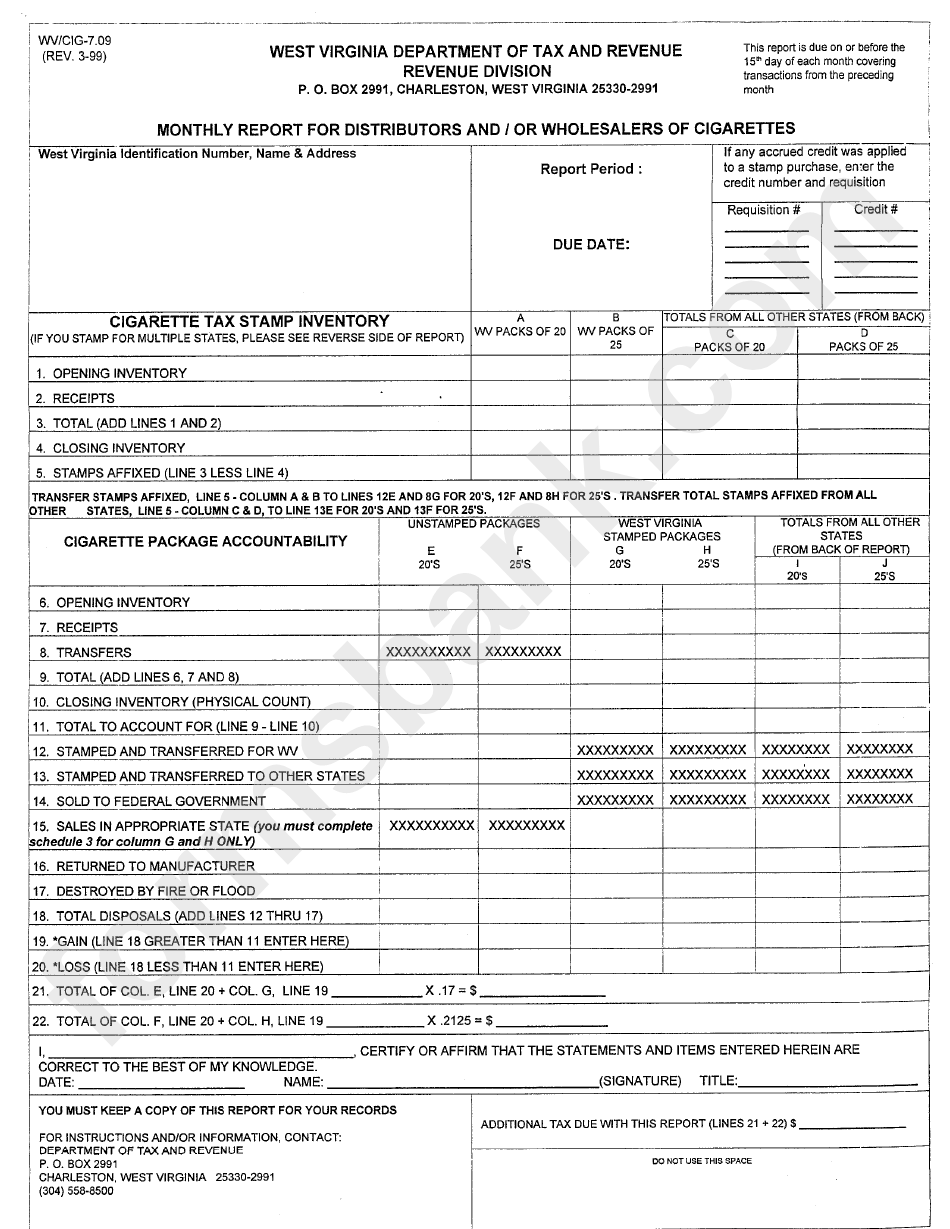 Form Wv/cig7.09 Monthly Report For Distributors And/or Wholesalers