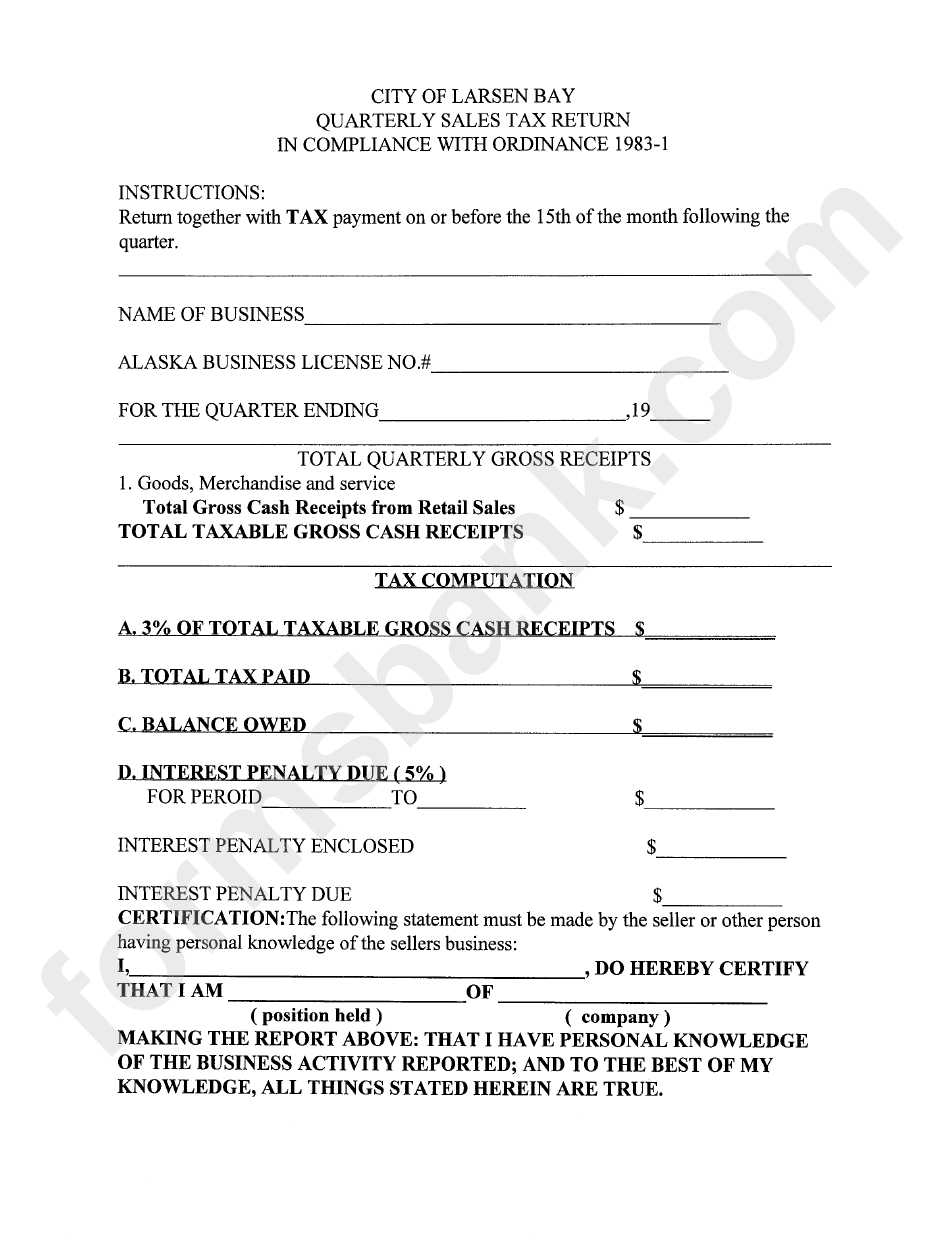 Quarterly Sales Tax Return Form City Of Larsen Bay, Alaska printable