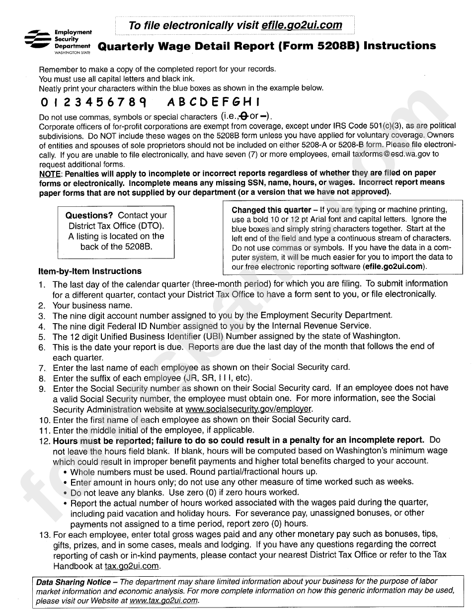 Quarterly Wage Detail Report (Form 5208b) Instructions printable pdf