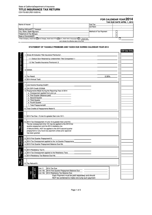 Form Cdi Fs003 Title Insurance Tax Return 2014 printable pdf download