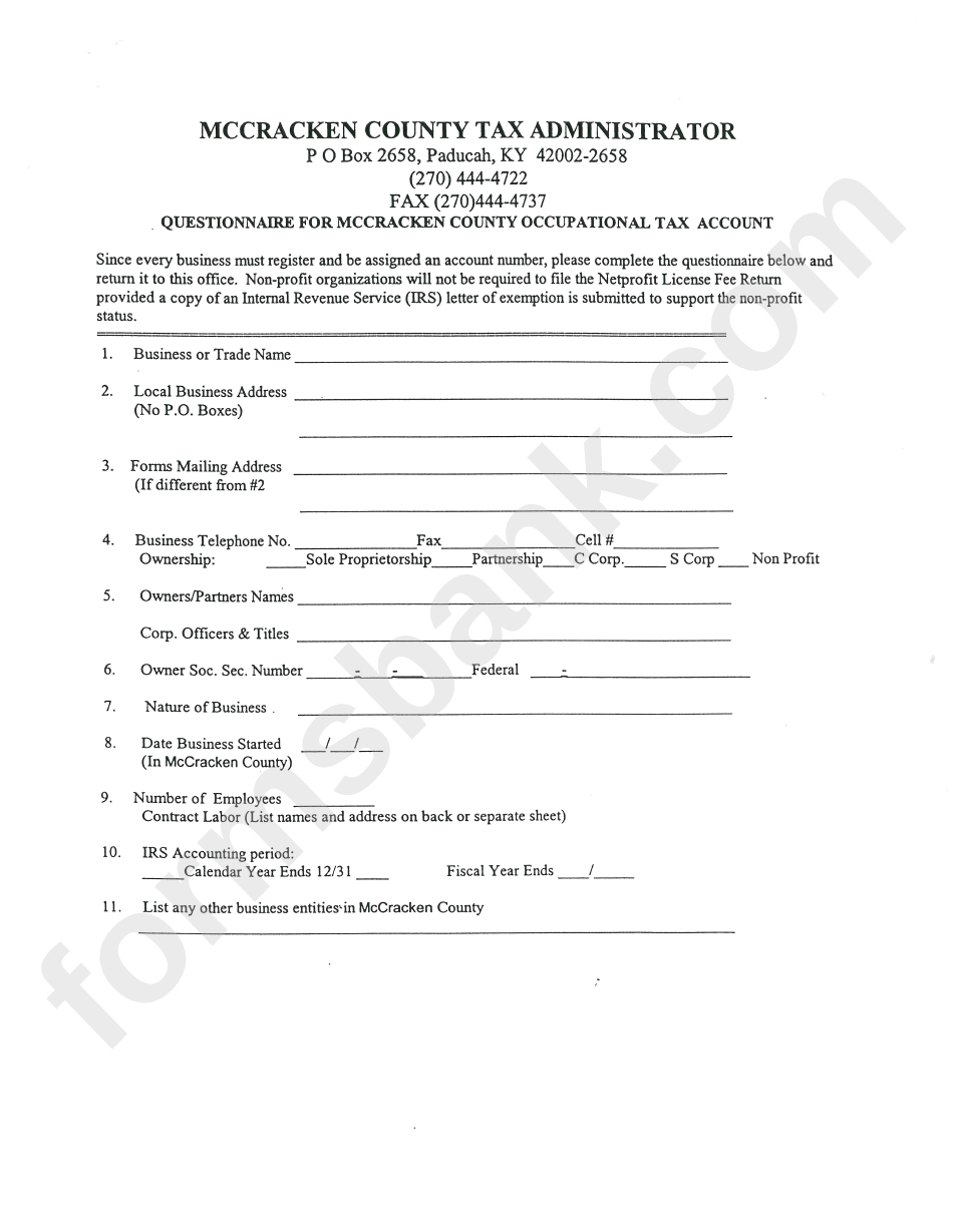 Questionnaire For Mccracken County Occupational Tax Account Template