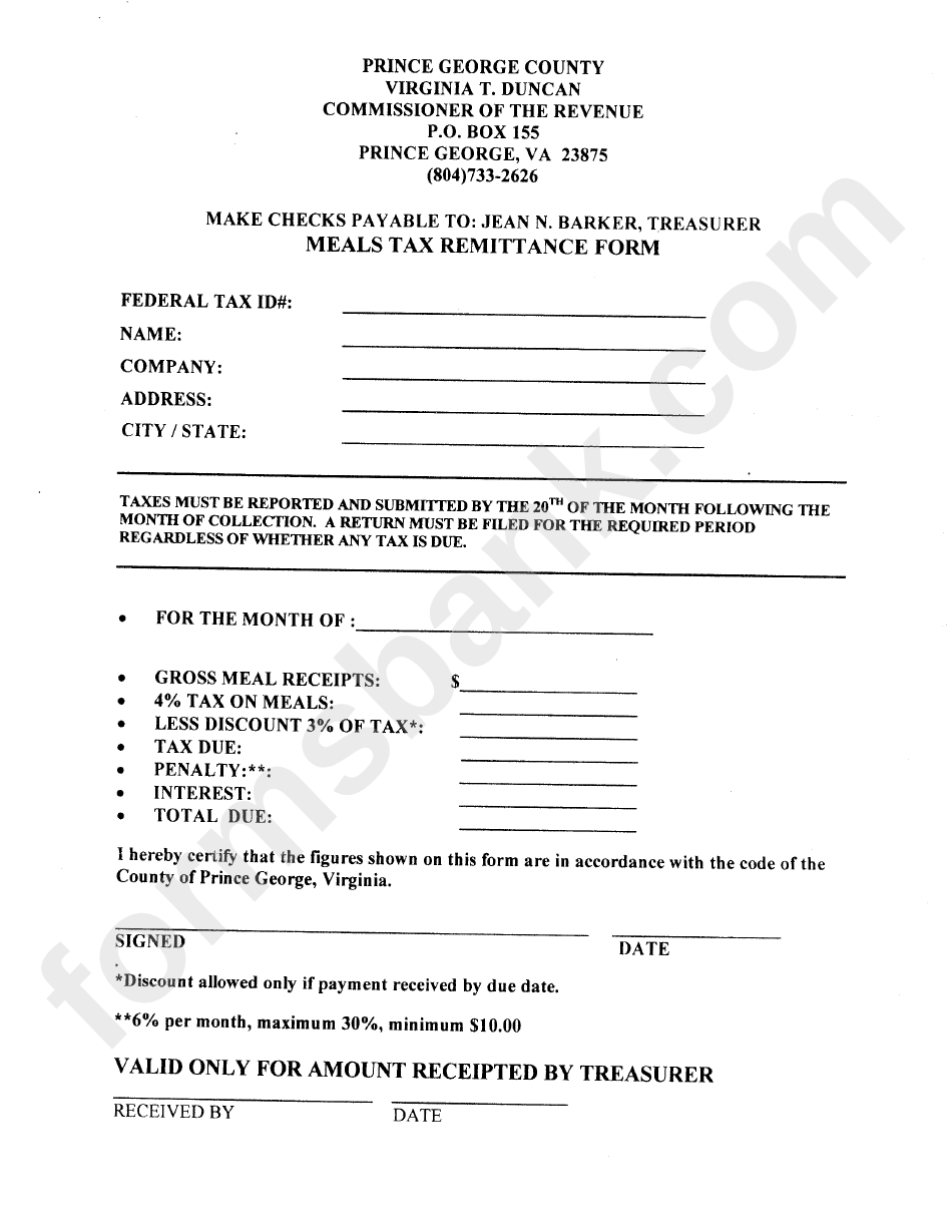 Meals Tax Remittance Form Prince County Virginia printable pdf