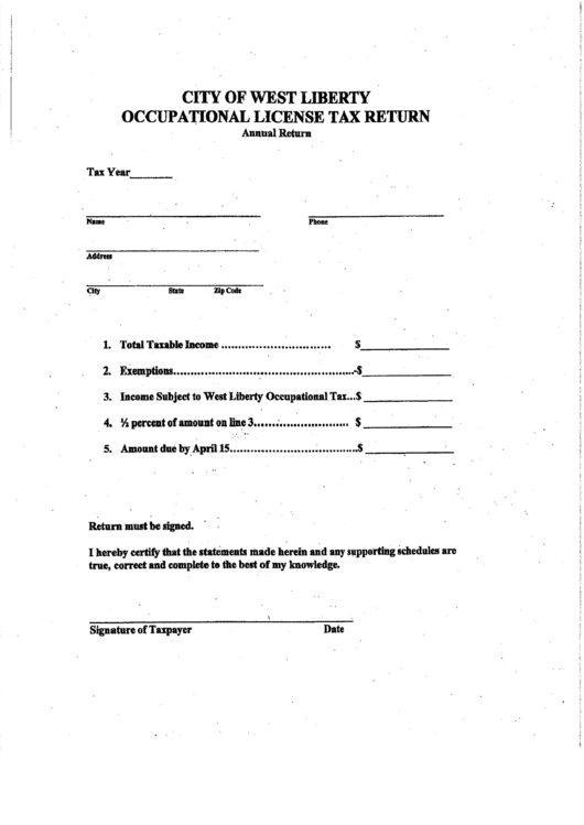 Occupational License Tax Return Form Annual Return printable pdf download