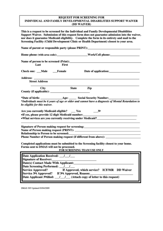 Form Dmas305 Request For Screening For Individual And Family