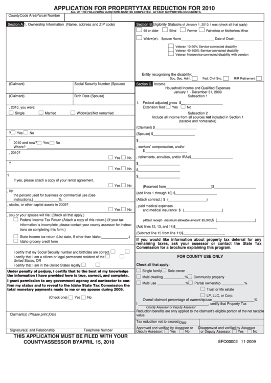 Application For Property Tax Reduction Idaho County Assessor 2010