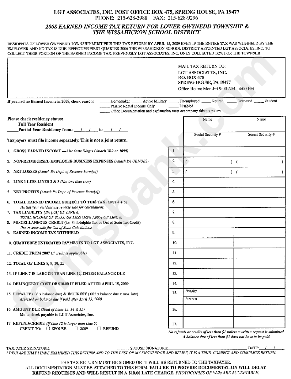 2008 Earned Tax Return For Lower Gwynedd Township & The