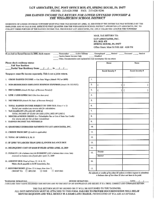2008 Earned Tax Return For Lower Gwynedd Township & The Wissahickon School District