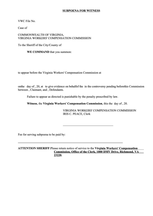 Subpoena For Witness printable pdf download