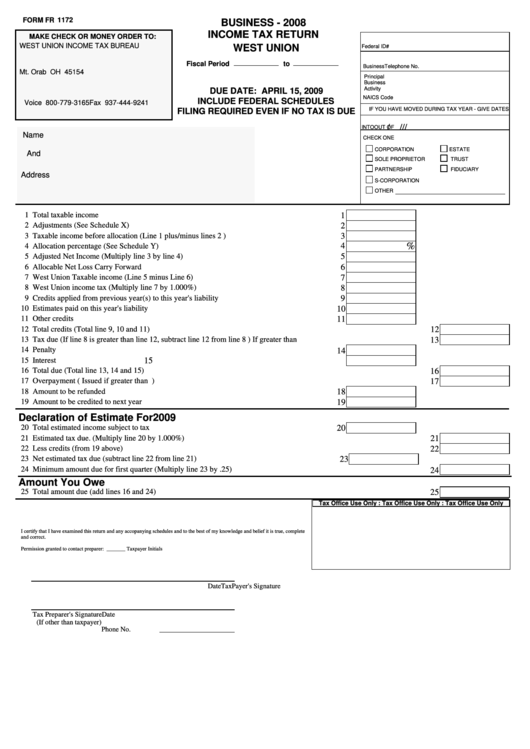 Form Fr 1172 Business Tax Return West Union 2008 printable