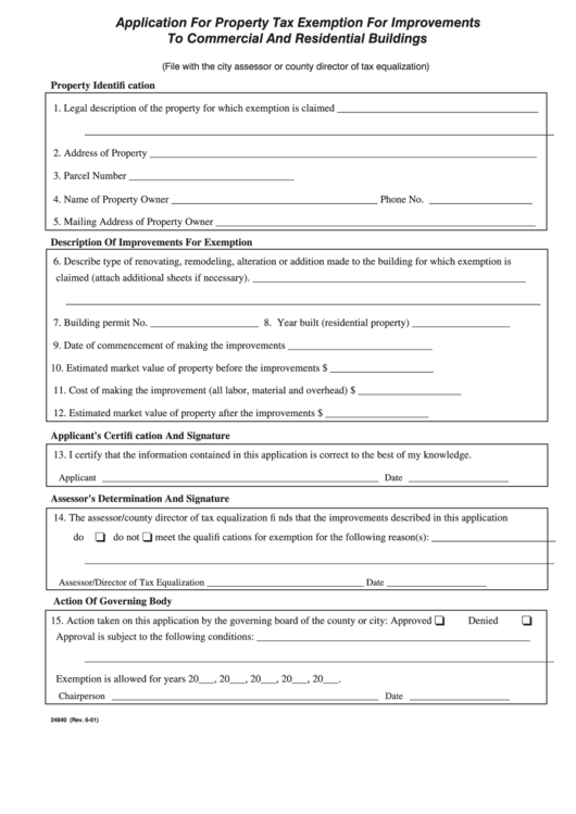 Fillable Form 24840 Application For Property Tax Exemption For