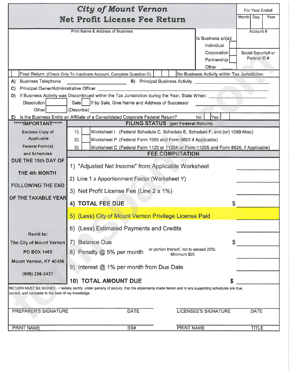 Net Profit License Fee Return Form printable pdf download