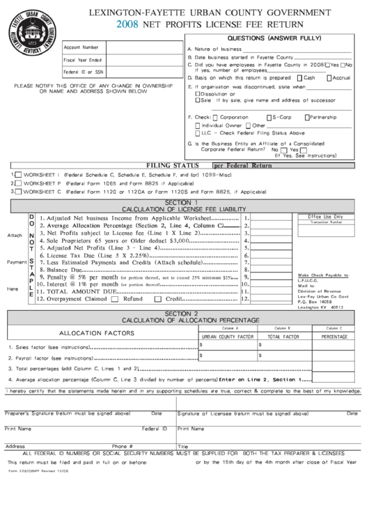 Form 228/08npf 2008 Net Profits License Fee Return Lexington