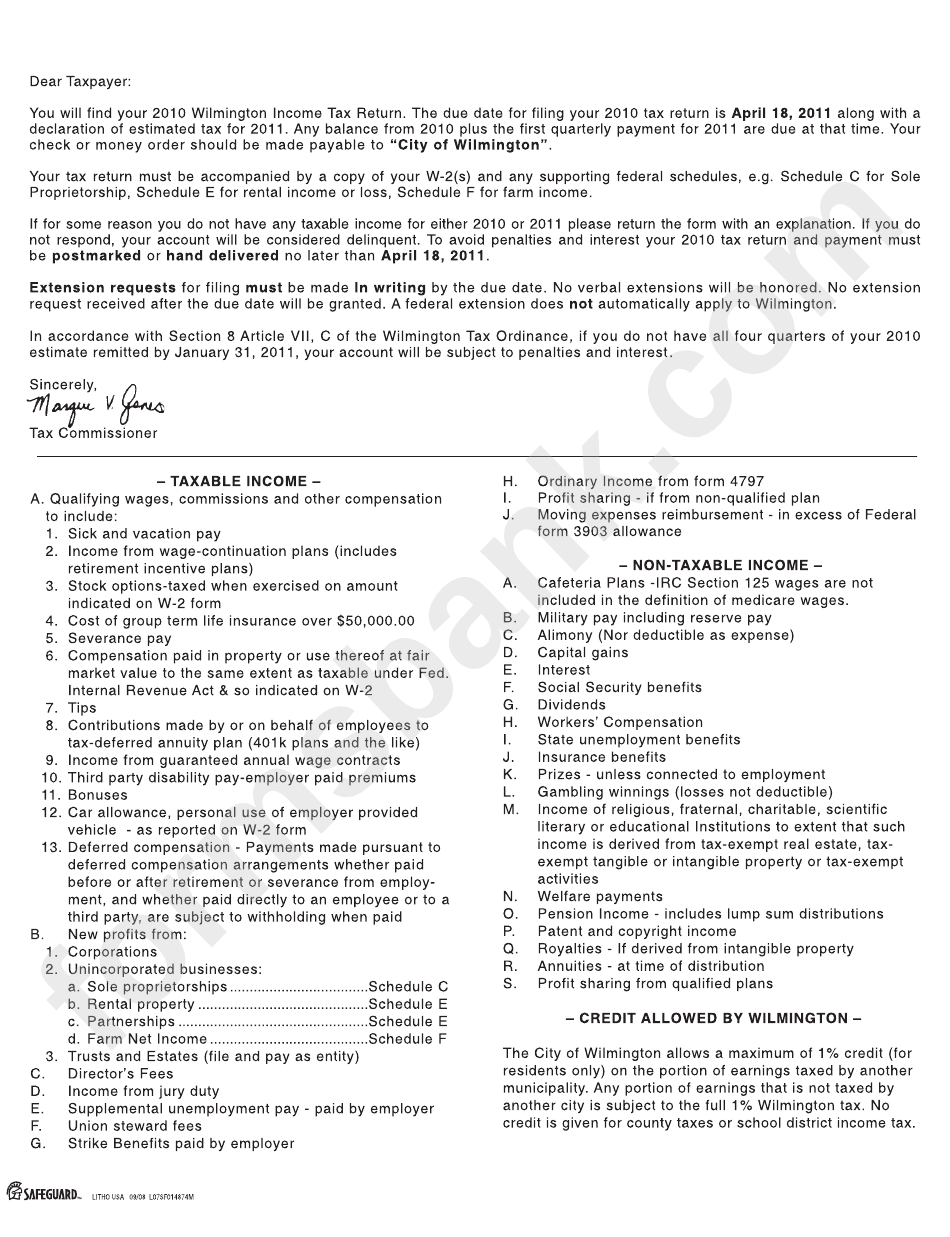 Wilmington Individual Tax Return Instruction 2010 printable