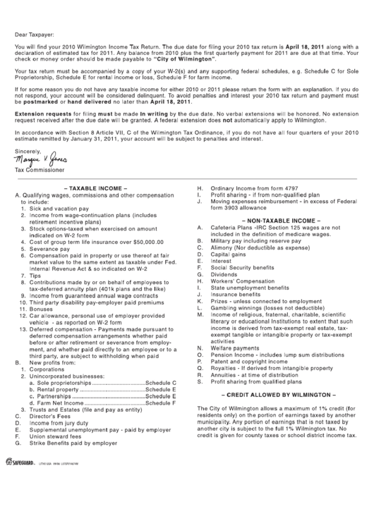 Wilmington Individual Tax Return Instruction 2010 printable