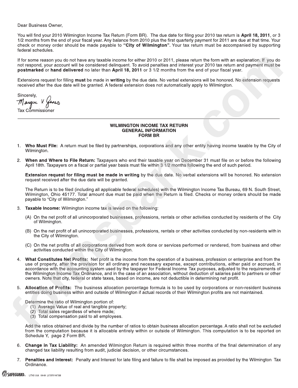 Wilmington Tax Return Form Br Instruction 2010 printable pdf